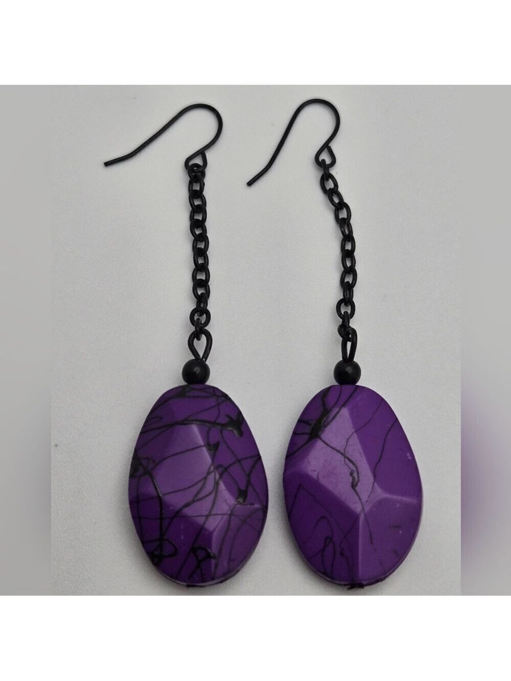 ✨2/$10✨ Purple Oval Drop Earrings 3" Lightweight Black Chain Dangle Amethyst